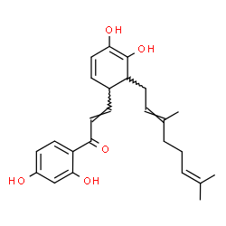 ChemSpider 2D Image | 1-(2,4-Dihydroxyphenyl)-3-[6-(3,7-dimethyl-2,6-octadien-1-yl)-4,5-dihydroxy-2,4-cyclohexadien-1-yl]-2-propen-1-one | C25H30O5
