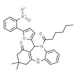 ChemSpider 2D Image | 10-Hexanoyl-3,3-dimethyl-11-[5-(2-nitrophenyl)-2-furyl]-2,3,4,5,10,11-hexahydro-1H-dibenzo[b,e][1,4]diazepin-1-one | C31H33N3O5
