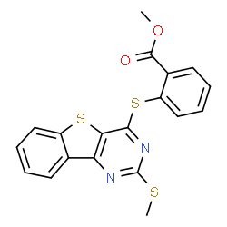 ChemSpider 2D Image | Methyl 2-{[2-(methylsulfanyl)[1]benzothieno[3,2-d]pyrimidin-4-yl]sulfanyl}benzoate | C19H14N2O2S3