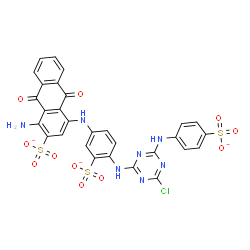 ChemSpider 2D Image | 1-Amino-4-{[4-({4-chloro-6-[(4-sulfonatophenyl)amino]-1,3,5-triazin-2-yl}amino)-3-sulfonatophenyl]amino}-9,10-dioxo-9,10-dihydro-2-anthracenesulfonate | C29H17ClN7O11S3