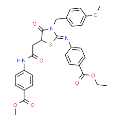 ChemSpider 2D Image | Methyl 4-({[(2Z)-2-{[4-(ethoxycarbonyl)phenyl]imino}-3-(4-methoxybenzyl)-4-oxo-1,3-thiazolidin-5-yl]acetyl}amino)benzoate | C30H29N3O7S