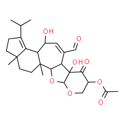 ChemSpider 2D Image | 6-Formyl-4,6b-dihydroxy-3-isopropyl-11b,13a-dimethyl-7-oxo-1,2,3b,4,6a,6b,8,9,10a,11a,11b,12,13,13a-tetradecahydro-7H-indeno[5'',4'':3',4']cyclohepta[1',2':4,5]furo[2,3-b]pyran-8-yl acetate | C27H36O8