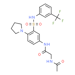 ChemSpider 2D Image | N~2~-Acetyl-N-[4-(1-pyrrolidinyl)-3-{[3-(trifluoromethyl)phenyl]sulfamoyl}phenyl]glycinamide | C21H23F3N4O4S