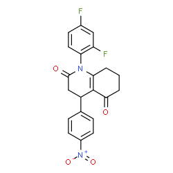 ChemSpider 2D Image | 1-(2,4-Difluorophenyl)-4-(4-nitrophenyl)-4,6,7,8-tetrahydro-2,5(1H,3H)-quinolinedione | C21H16F2N2O4