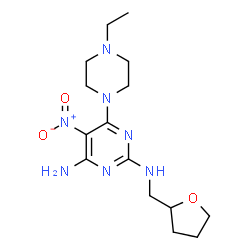 ChemSpider 2D Image | 6-(4-Ethyl-1-piperazinyl)-5-nitro-N~2~-(tetrahydro-2-furanylmethyl)-2,4-pyrimidinediamine | C15H25N7O3