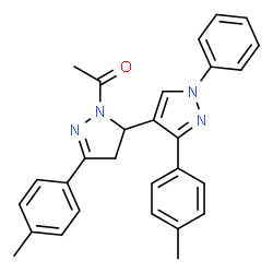 ChemSpider 2D Image | 1-[3',5-Bis(4-methylphenyl)-1'-phenyl-3,4-dihydro-1'H,2H-3,4'-bipyrazol-2-yl]ethanone | C28H26N4O