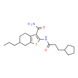 ChemSpider 2D Image | 2-[(3-Cyclopentylpropanoyl)amino]-6-propyl-4,5,6,7-tetrahydro-1-benzothiophene-3-carboxamide | C20H30N2O2S