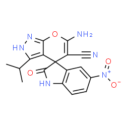 ChemSpider 2D Image | 6'-Amino-3'-isopropyl-5-nitro-2-oxo-1,2-dihydro-1'H-spiro[indole-3,4'-pyrano[2,3-c]pyrazole]-5'-carbonitrile | C17H14N6O4