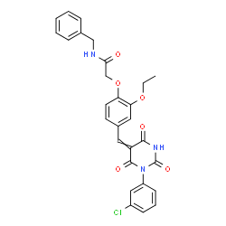 ChemSpider 2D Image | N-Benzyl-2-(4-{[1-(3-chlorophenyl)-2,4,6-trioxotetrahydro-5(2H)-pyrimidinylidene]methyl}-2-ethoxyphenoxy)acetamide | C28H24ClN3O6