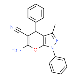 ChemSpider 2D Image | 6-amino-3-methyl-1,4-diphenyl-4H-pyrano[2,3-c]pyrazole-5-carbonitrile | C20H16N4O