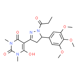 ChemSpider 2D Image | 6-Hydroxy-1,3-dimethyl-5-[1-propionyl-5-(3,4,5-trimethoxyphenyl)-4,5-dihydro-1H-pyrazol-3-yl]-2,4(1H,3H)-pyrimidinedione | C21H26N4O7