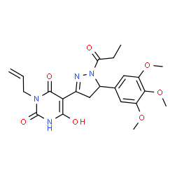 ChemSpider 2D Image | 3-Allyl-6-hydroxy-5-[1-propionyl-5-(3,4,5-trimethoxyphenyl)-4,5-dihydro-1H-pyrazol-3-yl]-2,4(1H,3H)-pyrimidinedione | C22H26N4O7