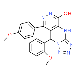 ChemSpider 2D Image | 9-(2-Methoxyphenyl)-8-(4-methoxyphenyl)-1,9-dihydrotetrazolo[1',5':1,2]pyrimido[4,5-d]pyridazin-5(6H)-one | C20H17N7O3