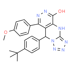 ChemSpider 2D Image | 8-(4-Methoxyphenyl)-9-[4-(2-methyl-2-propanyl)phenyl]-1,9-dihydrotetrazolo[1',5':1,2]pyrimido[4,5-d]pyridazin-5(6H)-one | C23H23N7O2