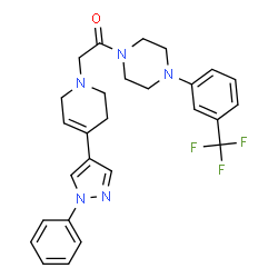 ChemSpider 2D Image | 2-[4-(1-Phenyl-1H-pyrazol-4-yl)-3,6-dihydro-1(2H)-pyridinyl]-1-{4-[3-(trifluoromethyl)phenyl]-1-piperazinyl}ethanone | C27H28F3N5O