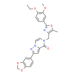 ChemSpider 2D Image | 2-(1,3-Benzodioxol-5-yl)-5-{[2-(4-ethoxy-3-methoxyphenyl)-5-methyl-1,3-oxazol-4-yl]methyl}pyrazolo[1,5-a]pyrazin-4(5H)-one | C27H24N4O6