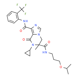 ChemSpider 2D Image | 7-Cyclopropyl-N~6~-(3-isopropoxypropyl)-6-methyl-8-oxo-N~1~-[2-(trifluoromethyl)phenyl]-5,6,7,8-tetrahydroimidazo[1,5-a]pyrazine-1,6-dicarboxamide | C25H30F3N5O4