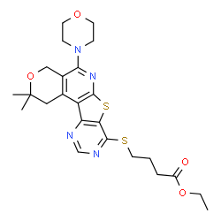ChemSpider 2D Image | Ethyl 4-{[2,2-dimethyl-5-(4-morpholinyl)-1,4-dihydro-2H-pyrano[4'',3'':4',5']pyrido[3',2':4,5]thieno[3,2-d]pyrimidin-8-yl]sulfanyl}butanoate | C24H30N4O4S2