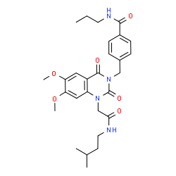 ChemSpider 2D Image | 4-{[6,7-Dimethoxy-1-{2-[(3-methylbutyl)amino]-2-oxoethyl}-2,4-dioxo-1,4-dihydro-3(2H)-quinazolinyl]methyl}-N-propylbenzamide | C28H36N4O6