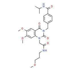 ChemSpider 2D Image | 4-{[6,7-Dimethoxy-1-{2-[(3-methoxypropyl)amino]-2-oxoethyl}-2,4-dioxo-1,4-dihydro-3(2H)-quinazolinyl]methyl}-N-isopropylbenzamide | C27H34N4O7