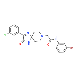 ChemSpider 2D Image | N-(3-Bromophenyl)-2-[2-(3-chlorophenyl)-3-oxo-1,4,8-triazaspiro[4.5]dec-1-en-8-yl]acetamide | C21H20BrClN4O2