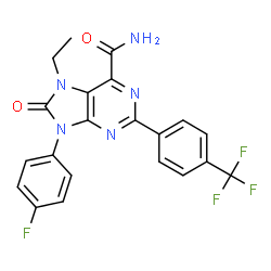 ChemSpider 2D Image | 7-Ethyl-9-(4-fluorophenyl)-8-oxo-2-[4-(trifluoromethyl)phenyl]-8,9-dihydro-7H-purine-6-carboxamide | C21H15F4N5O2