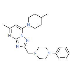ChemSpider 2D Image | 5-Methyl-7-(4-methyl-1-piperidinyl)-2-[(4-phenyl-1-piperazinyl)methyl][1,2,4]triazolo[1,5-a]pyrimidine | C23H31N7