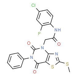 ChemSpider 2D Image | N-(4-Chloro-2-fluorophenyl)-2-[2-(methylsulfanyl)-5,7-dioxo-6-phenyl-6,7-dihydro[1,3]thiazolo[4,5-d]pyrimidin-4(5H)-yl]acetamide | C20H14ClFN4O3S2