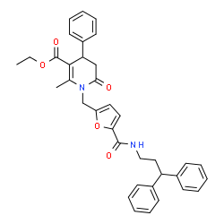 ChemSpider 2D Image | Ethyl 1-({5-[(3,3-diphenylpropyl)carbamoyl]-2-furyl}methyl)-2-methyl-6-oxo-4-phenyl-1,4,5,6-tetrahydro-3-pyridinecarboxylate | C36H36N2O5
