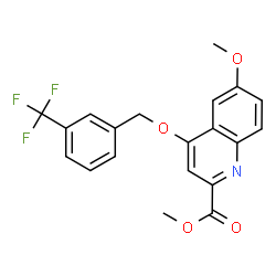 ChemSpider 2D Image | Methyl 6-methoxy-4-{[3-(trifluoromethyl)benzyl]oxy}-2-quinolinecarboxylate | C20H16F3NO4