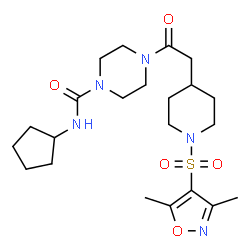 ChemSpider 2D Image | N-Cyclopentyl-4-({1-[(3,5-dimethyl-1,2-oxazol-4-yl)sulfonyl]-4-piperidinyl}acetyl)-1-piperazinecarboxamide | C22H35N5O5S