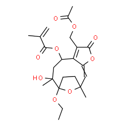 ChemSpider 2D Image | 6-(Acetoxymethyl)-11-ethoxy-10-hydroxy-1,10-dimethyl-5-oxo-4,14-dioxatricyclo[9.2.1.0~3,7~]tetradeca-2,6-dien-8-yl methacrylate | C23H30O9