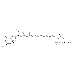 ChemSpider 2D Image | (1S,3R,4R)-3-Hydroxy-4-[(3E,5E,7E,9E,11Z)-11-{4-[(2S,6S,7aR)-6-hydroxy-4,4,7a-trimethyl-2,4,5,6,7,7a-hexahydro-1-benzofuran-2-yl]-5-oxo-2(5H)-furanylidene}-3,10-dimethyl-1,3,5,7,9-undecapentaen-1-ylid
ene]-3,5,5-trimethylcyclohexyl acetate | C39H50O7