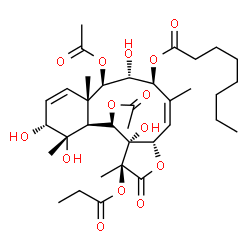 ChemSpider 2D Image | (1S,3aS,4Z,6S,7R,8R,8aS,11R,12S,12aS,13R,13aS)-8,13-Diacetoxy-7,11,12,13a-tetrahydroxy-1,5,8a,12-tetramethyl-2-oxo-1-(propionyloxy)-1,2,3a,6,7,8,8a,11,12,12a,13,13a-dodecahydrobenzo[4,5]cyclodeca[1,2-
b]furan-6-yl octanoate | C35H52O14