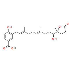 ChemSpider 2D Image | 4-Hydroxy-3-{(2E,6E,10S)-10-hydroxy-3,7-dimethyl-10-[(2R)-2-methyl-5-oxotetrahydro-2-furanyl]-2,6-decadien-1-yl}benzoic acid | C24H32O6