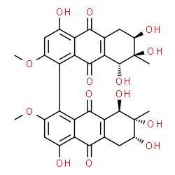 ChemSpider 2D Image | (6R,6'R,7R,7'R,8R,8'R)-4,4',6,6',7,7',8,8'-Octahydroxy-2,2'-dimethoxy-7,7'-dimethyl-5,5',6,6',7,7',8,8'-octahydro-1,1'-bianthracene-9,9',10,10'-tetrone | C32H30O14