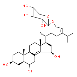 ChemSpider 2D Image | (3beta,5alpha,6alpha,15beta,24E)-3,6,15-Trihydroxystigmasta-8(14),24(28)-dien-29-yl pentopyranoside | C34H56O8