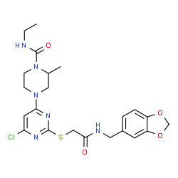 ChemSpider 2D Image | 4-[2-({2-[(1,3-Benzodioxol-5-ylmethyl)amino]-2-oxoethyl}sulfanyl)-6-chloro-4-pyrimidinyl]-N-ethyl-2-methyl-1-piperazinecarboxamide | C22H27ClN6O4S