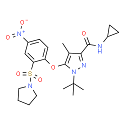 ChemSpider 2D Image | N-Cyclopropyl-4-methyl-1-(2-methyl-2-propanyl)-5-[4-nitro-2-(1-pyrrolidinylsulfonyl)phenoxy]-1H-pyrazole-3-carboxamide | C22H29N5O6S