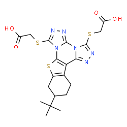 ChemSpider 2D Image | 2,2'-{[11-(2-Methyl-2-propanyl)-10,11,12,13-tetrahydro[1]benzothieno[3,2-e]bis[1,2,4]triazolo[4,3-a:4',3'-c]pyrimidine-3,7-diyl]disulfanediyl}diacetic acid | C20H22N6O4S3