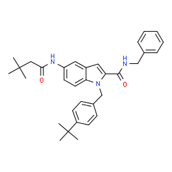 ChemSpider 2D Image | N-Benzyl-5-[(3,3-dimethylbutanoyl)amino]-1-[4-(2-methyl-2-propanyl)benzyl]-1H-indole-2-carboxamide | C33H39N3O2