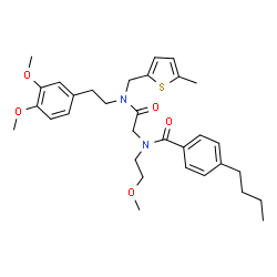 ChemSpider 2D Image | 4-Butyl-N-(2-{[2-(3,4-dimethoxyphenyl)ethyl][(5-methyl-2-thienyl)methyl]amino}-2-oxoethyl)-N-(2-methoxyethyl)benzamide | C32H42N2O5S
