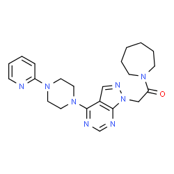 ChemSpider 2D Image | 1-(1-Azepanyl)-2-{4-[4-(2-pyridinyl)-1-piperazinyl]-1H-pyrazolo[3,4-d]pyrimidin-1-yl}ethanone | C22H28N8O