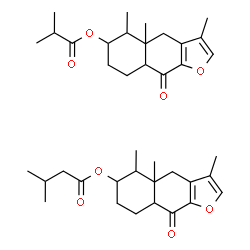 ChemSpider 2D Image | 3,4a,5-Trimethyl-9-oxo-4,4a,5,6,7,8,8a,9-octahydronaphtho[2,3-b]furan-6-yl 2-methylpropanoate - 3,4a,5-trimethyl-9-oxo-4,4a,5,6,7,8,8a,9-octahydronaphtho[2,3-b]furan-6-yl 3-methylbutanoate (1:1) | C39H54O8