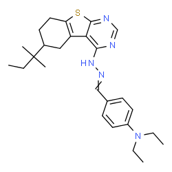 ChemSpider 2D Image | N,N-Diethyl-4-({[6-(2-methyl-2-butanyl)-5,6,7,8-tetrahydro[1]benzothieno[2,3-d]pyrimidin-4-yl]hydrazono}methyl)aniline | C26H35N5S