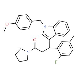 ChemSpider 2D Image | 3-(2-Fluoro-5-methylphenyl)-3-[1-(4-methoxybenzyl)-1H-indol-3-yl]-1-(1-pyrrolidinyl)-1-propanone | C30H31FN2O2