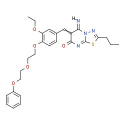 ChemSpider 2D Image | (5E)-6-{3-Ethoxy-4-[2-(2-phenoxyethoxy)ethoxy]benzylidene}-5-imino-2-propyl-5,6-dihydro-7H-[1,3,4]thiadiazolo[3,2-a]pyrimidin-7-one | C27H30N4O5S