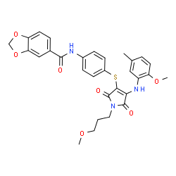 ChemSpider 2D Image | N-[4-({4-[(2-Methoxy-5-methylphenyl)amino]-1-(3-methoxypropyl)-2,5-dioxo-2,5-dihydro-1H-pyrrol-3-yl}sulfanyl)phenyl]-1,3-benzodioxole-5-carboxamide | C30H29N3O7S