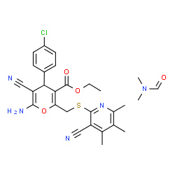 ChemSpider 2D Image | Ethyl 6-amino-4-(4-chlorophenyl)-5-cyano-2-{[(3-cyano-4,5,6-trimethyl-2-pyridinyl)sulfanyl]methyl}-4H-pyran-3-carboxylate - N,N-dimethylformamide (1:1) | C28H30ClN5O4S