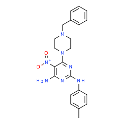 ChemSpider 2D Image | 6-(4-Benzyl-1-piperazinyl)-N~2~-(4-methylphenyl)-5-nitro-2,4-pyrimidinediamine | C22H25N7O2